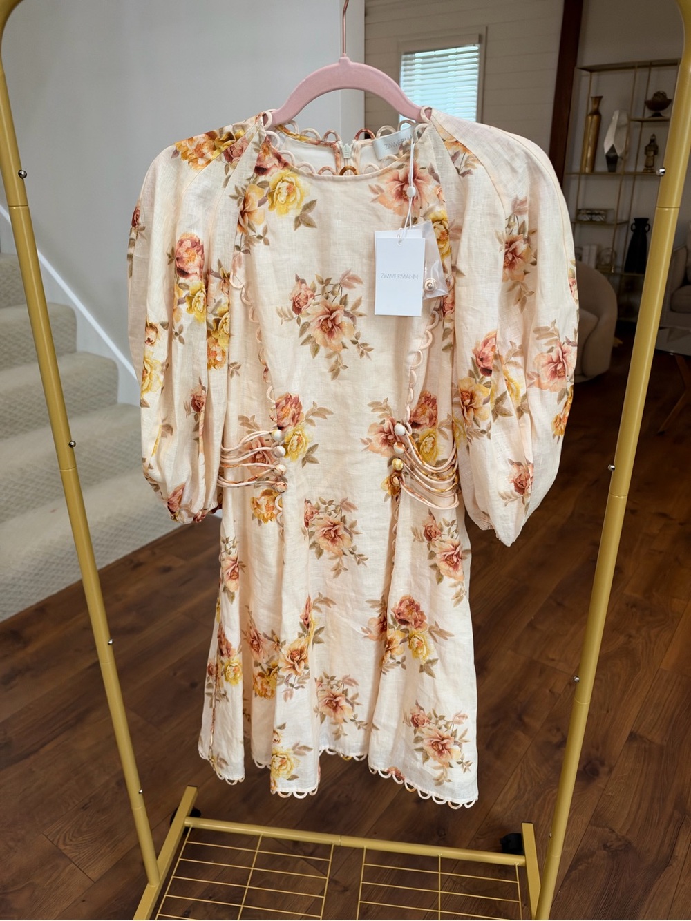 Zimmermann Cream Floral Puff-Sleeve Mini Dress